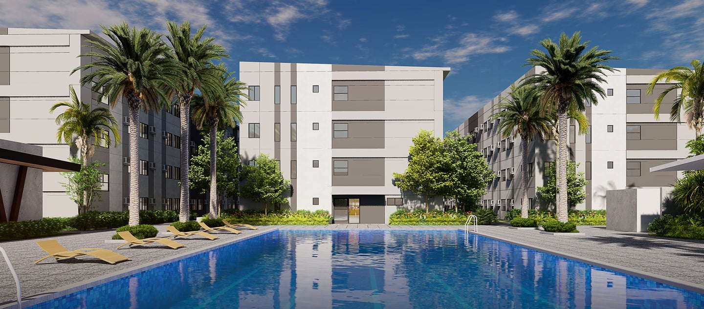 a pool with lounge chairs and palm trees