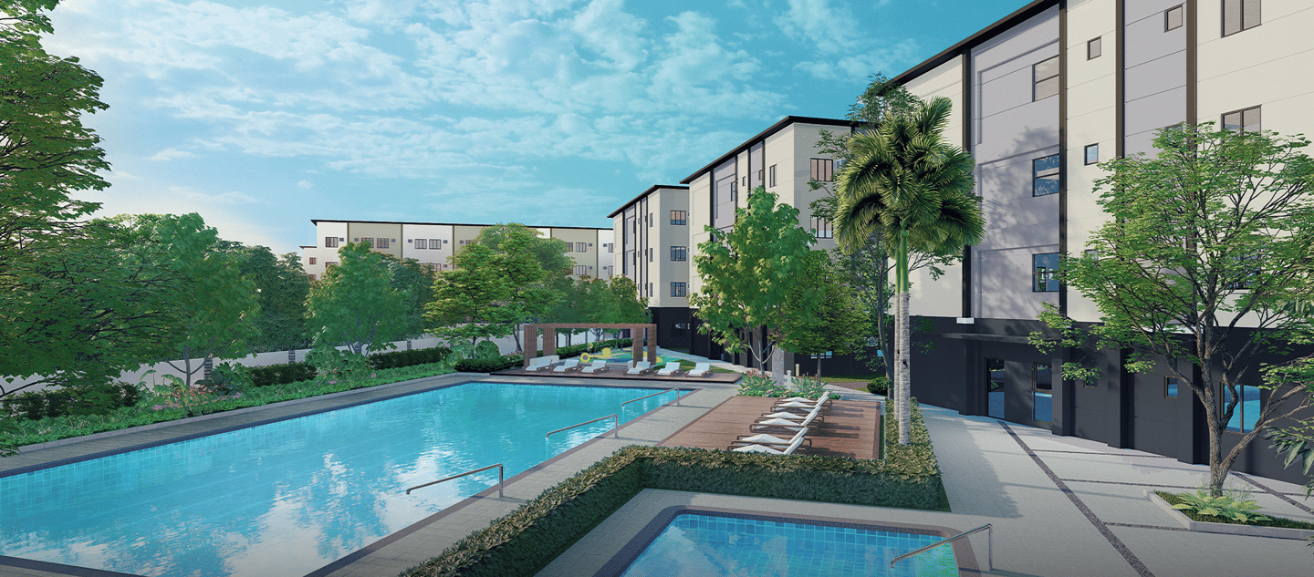 a pool with a view of a building