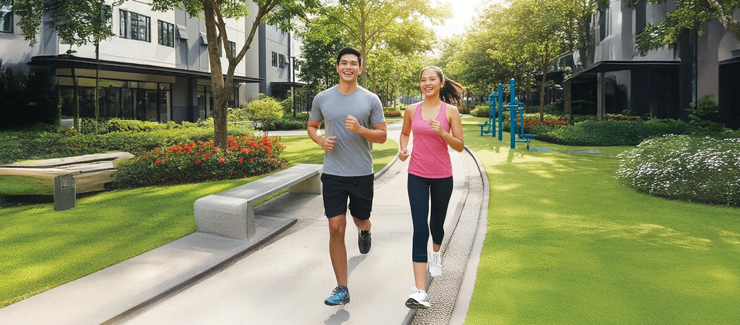 a man and woman jogging on a path