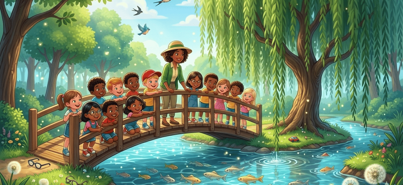 Diverse group of children and a teacher on a wooden bridge watching fish in a sunny forest park.