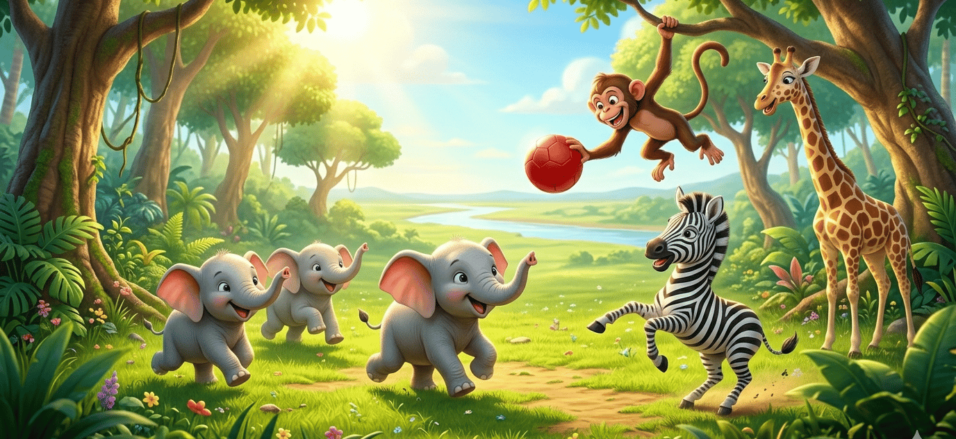Cute jungle animals including elephants, a zebra, and a giraffe playing with a ball in a sunny forest.