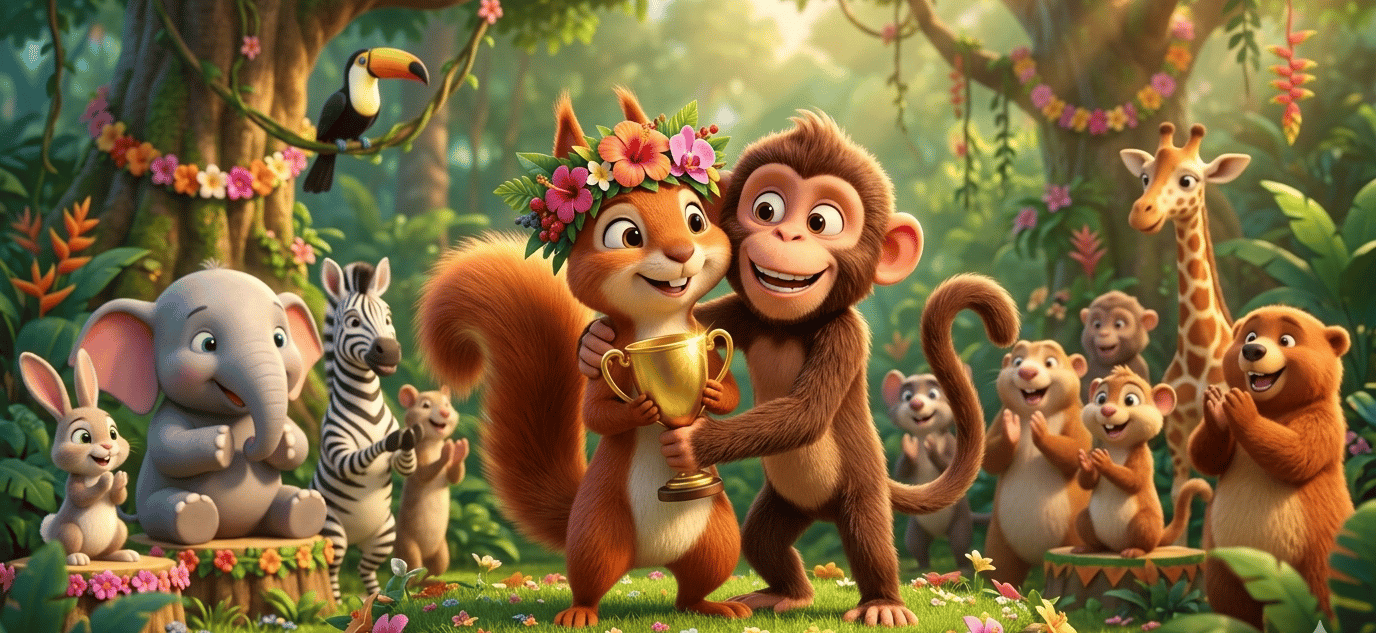 A cute monkey and squirrel holding a gold trophy in a lush jungle with cartoon animals cheering.