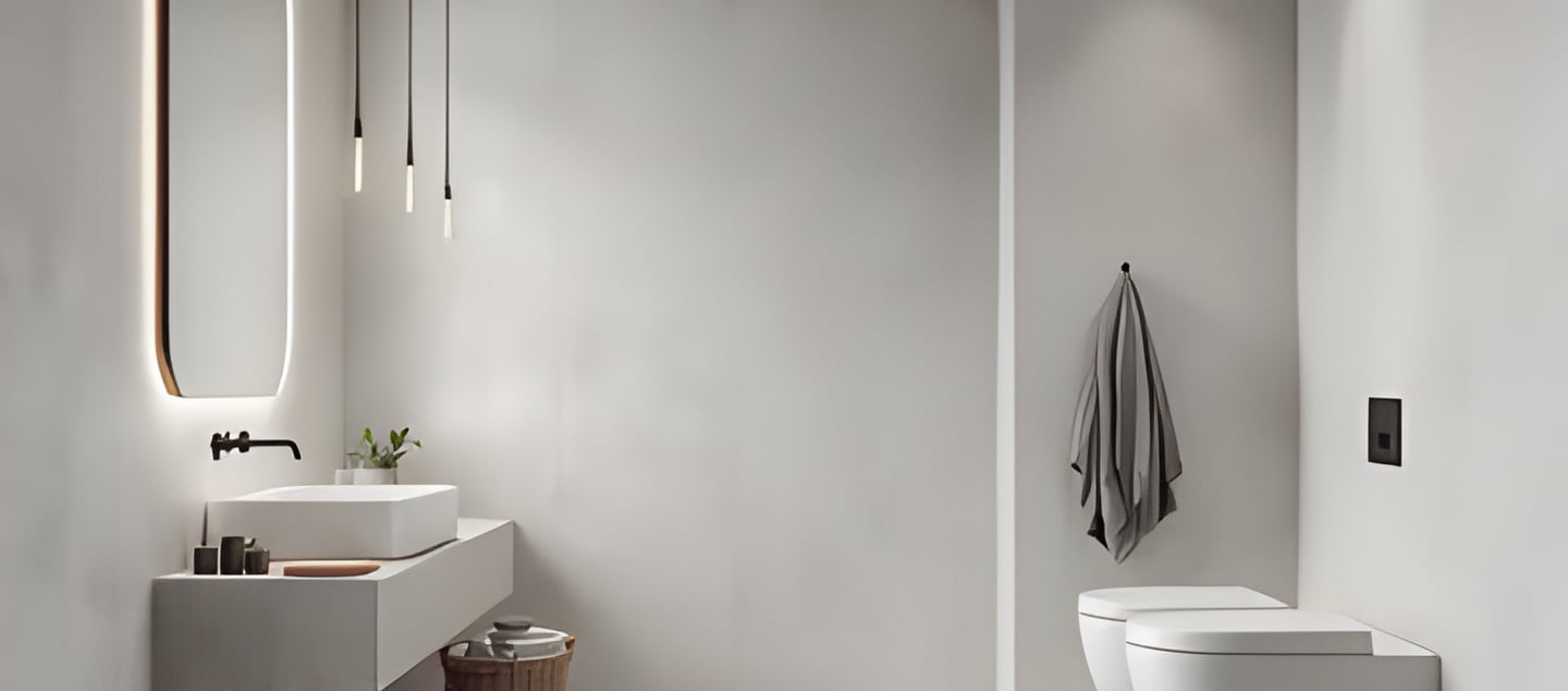 Modern minimalist bathroom featuring a floating white vanity, backlit mirror, and wall-hung toilet.