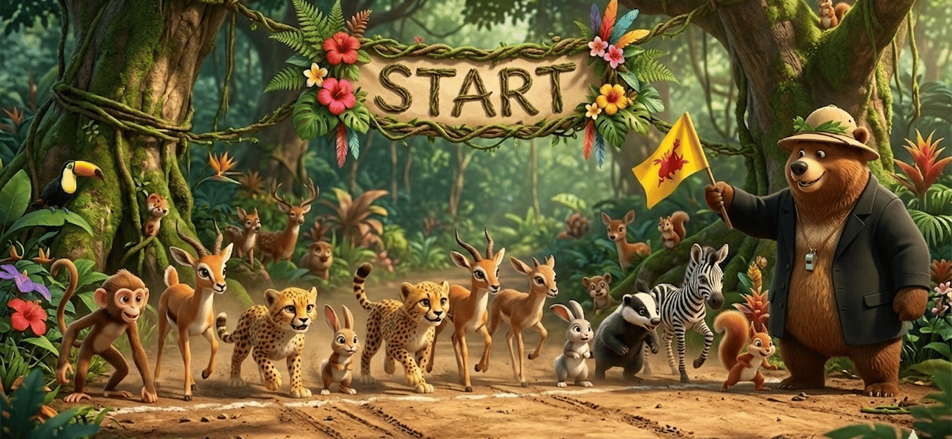 A group of cute jungle animals lined up at a start line for a race in a lush tropical forest.