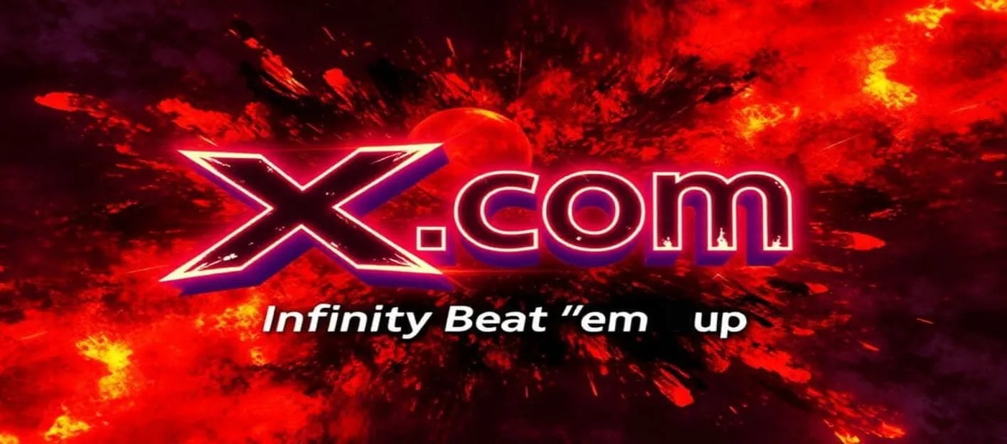 a red and black logo with the word x.com infinity beat 'em up