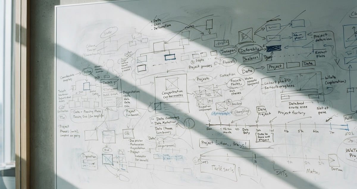 Muted editorial B2B photography of a structured whiteboard with clean, sharp architectural shadows, desaturated cool tones, soft natural window light, 35mm.