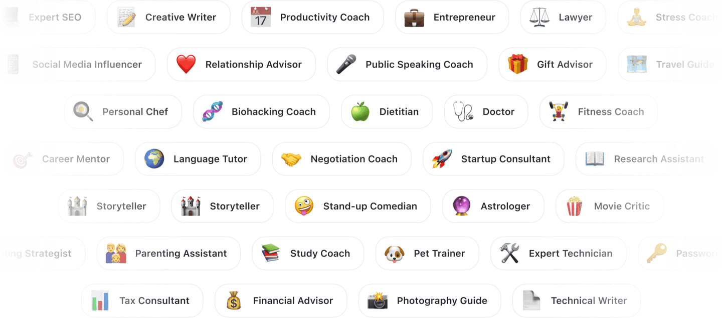 Grid of AI expert roles each paired with a unique emoji.