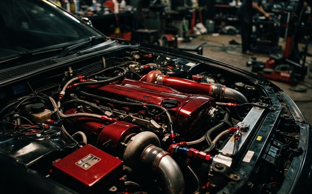 Low-angle heroic shot of a heavily modified performance car engine bay with red carbon fiber details, dramatic rim lighting in a dark Lagos workshop, 35mm film style.