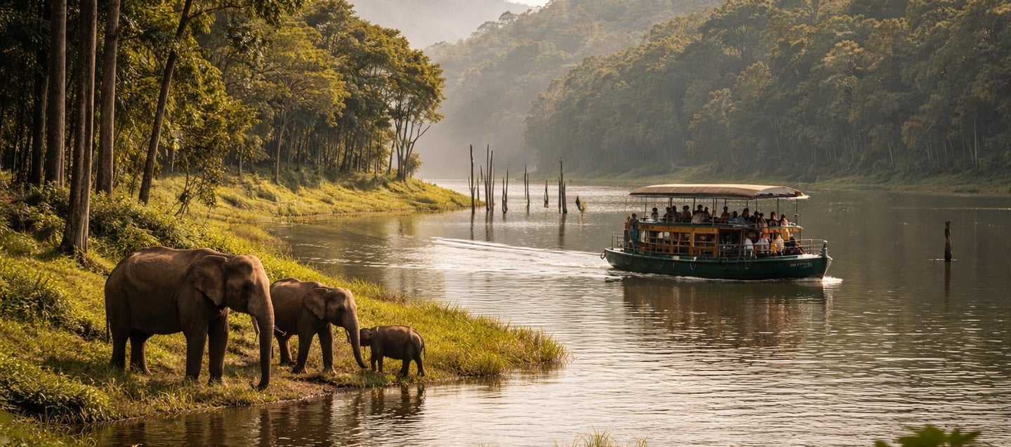 Elephants by lake in Periyar Kerala