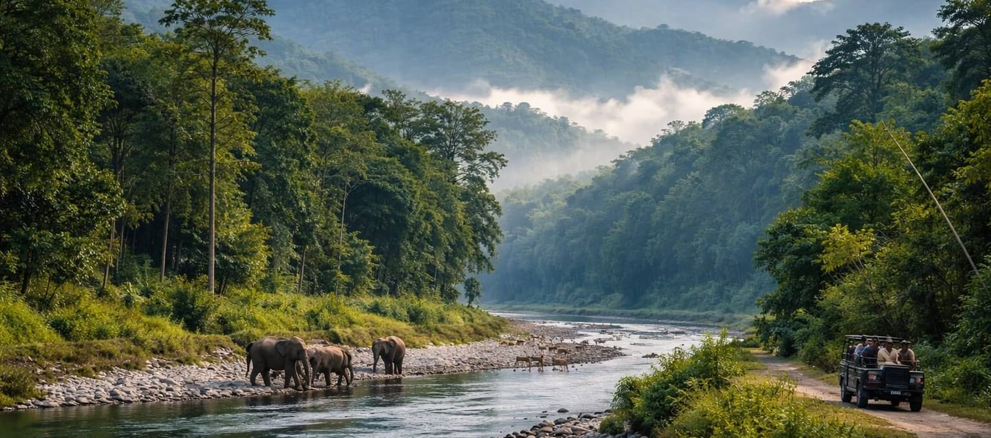 Elephants by river in Dooars