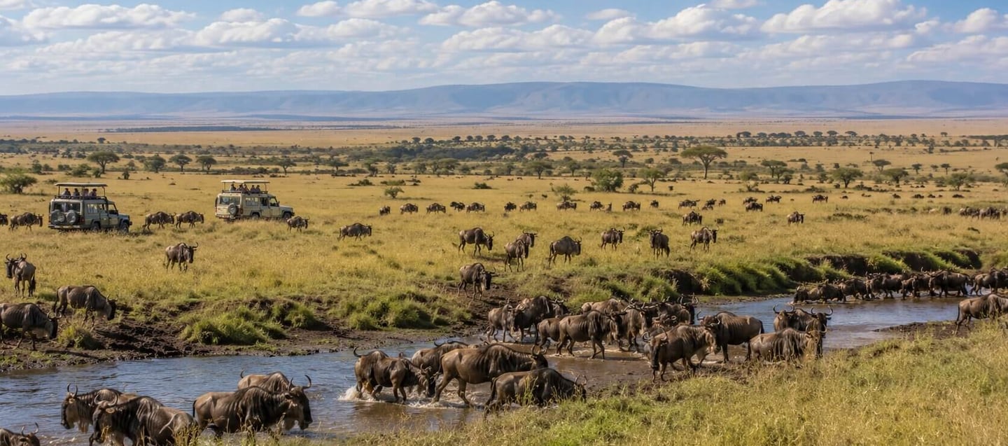 Wildebeest crossing river in savanna Africa