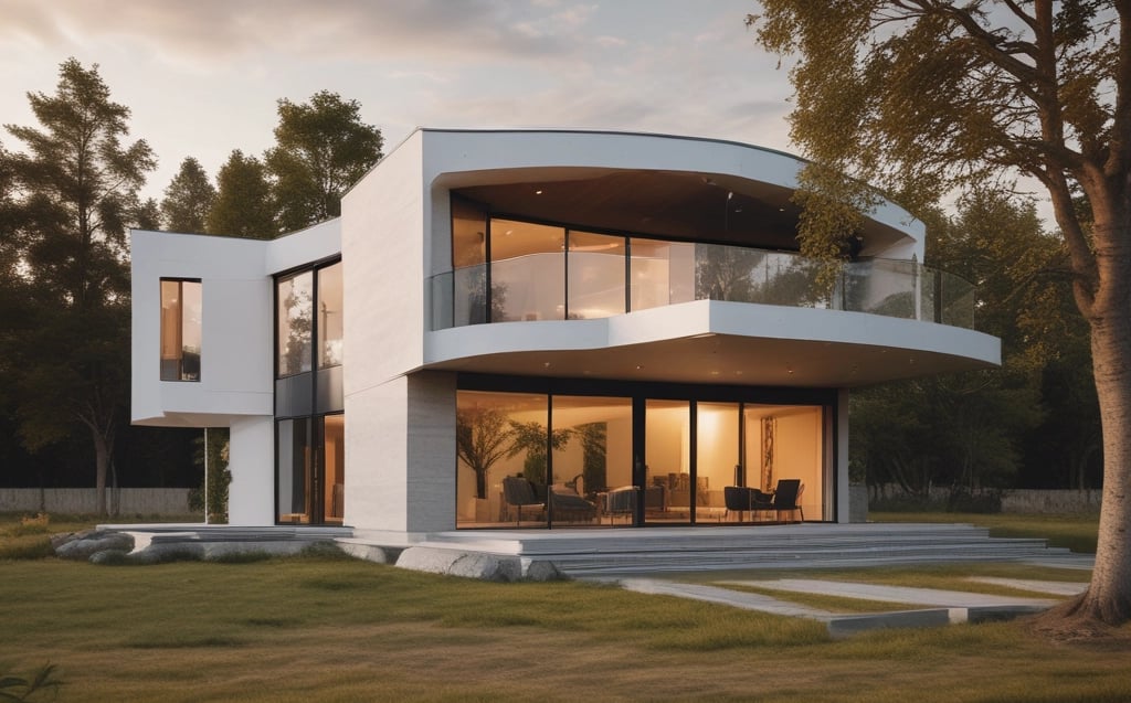 A view of the upper floors of a light-colored building with multiple windows and ornate architectural details. A red and white 'For Sale' sign with contact information is visible on the building's facade. The building is surrounded by greenery, and there are overhead utility lines. The sky above is partly cloudy with patches of blue.