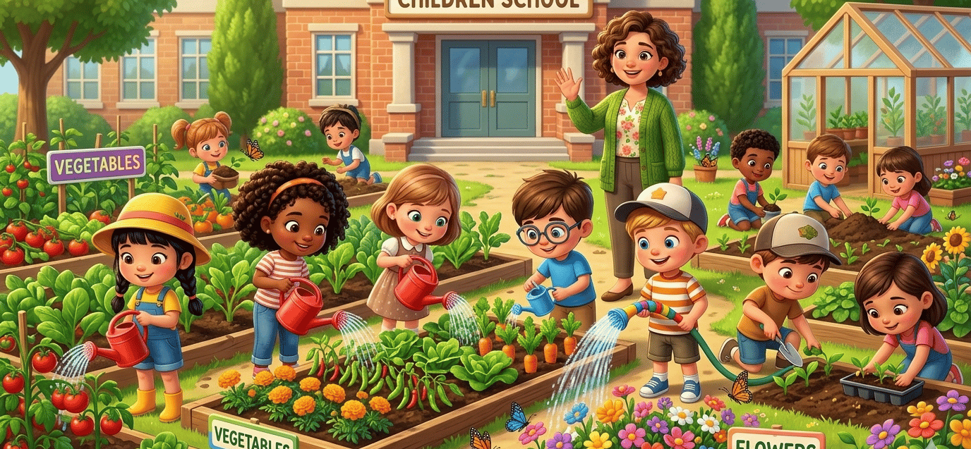 Diverse children gardening and watering vegetables at school with their teacher in an outdoor learning garden.