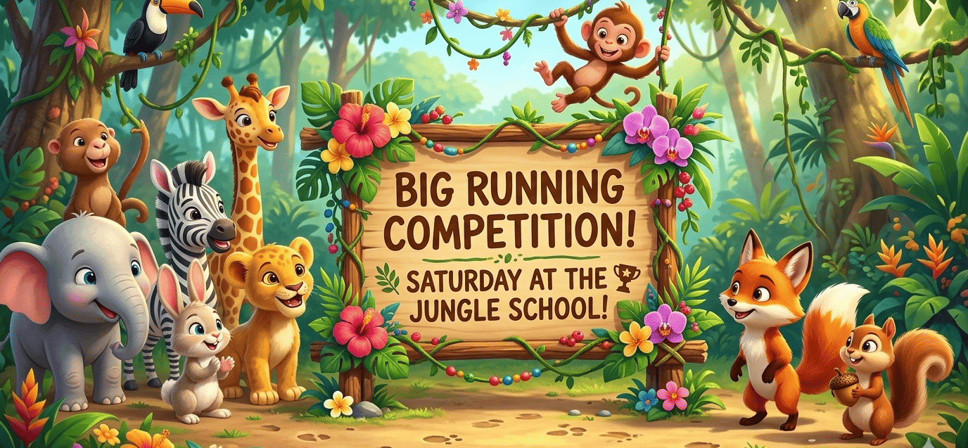 Cute jungle animals gathered around a sign for a big running competition at the jungle school.
