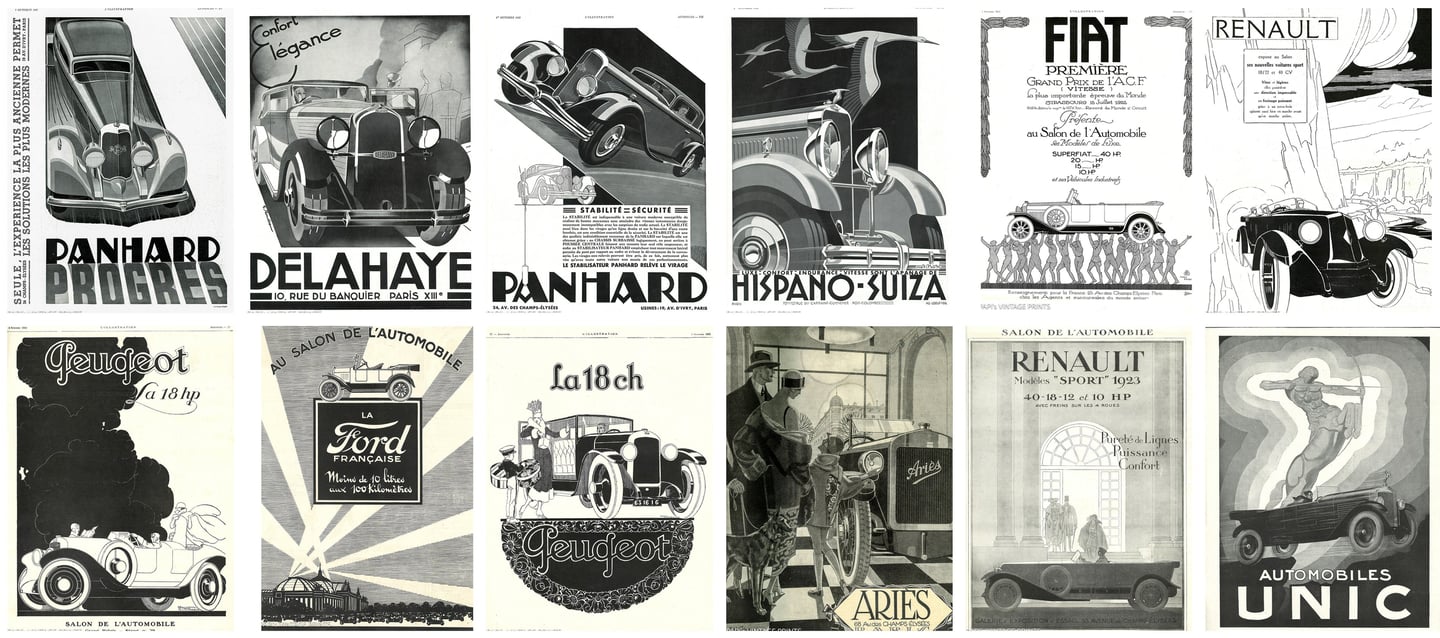Iconic automotive advertising in monochrome from 1920s and 1930s