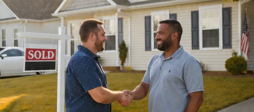 Two people shaking hands in front of a house with a SOLD sign, representing a successful cash home s