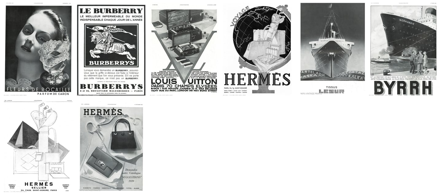 Iconic luxury brand advertising from 1920s and 1930s reproduced from L'Illustration magazine.
