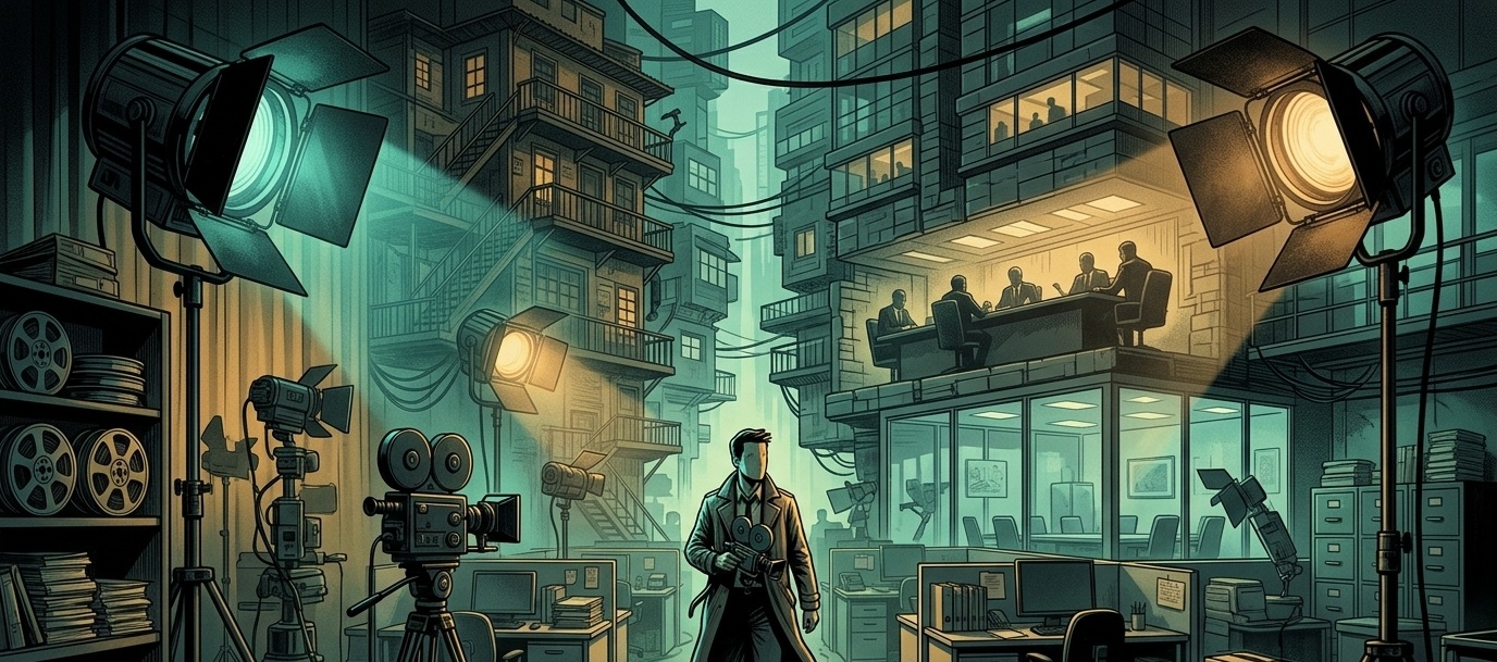 Vintage film set illustration with studio lights, cameras, and a man in a trench coat.