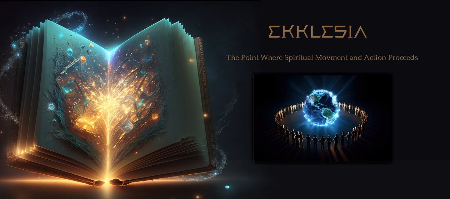 Ethereal Bible emits explosive light; enlightened people encircle glowing world.