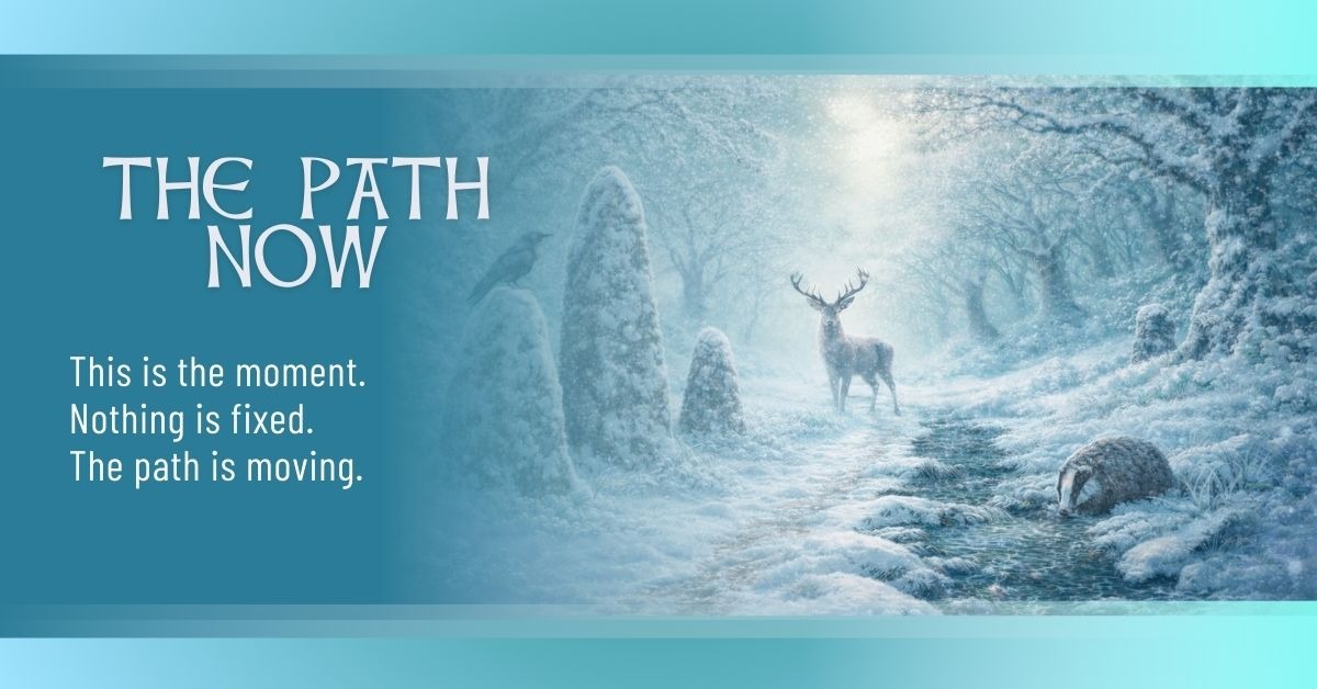 Winter forest path with standing stones, snow, and moonlit atmosphere, representing The Path Now