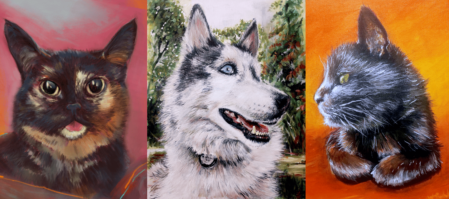 three pet portraits in bright painted colours, two cats and a husky dog
