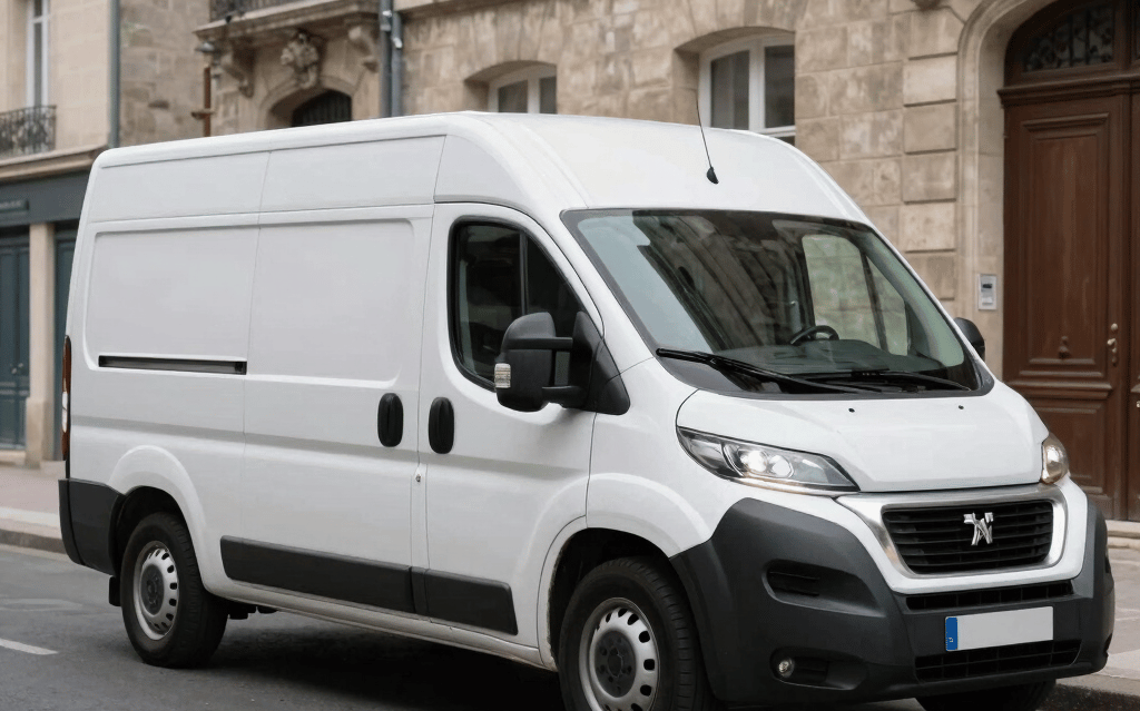 A professional photography of a clean, white Peugeot Boxer van parked in a quiet street in the Île-de-France region. The van is shown from a three-quarter side profile, without any license plate visible. The lighting is bright and clear, emphasizing professionalism and cleanliness. Background features stone gray European architecture and a touch of cadet blue sky. Style is realistic and discreet.
