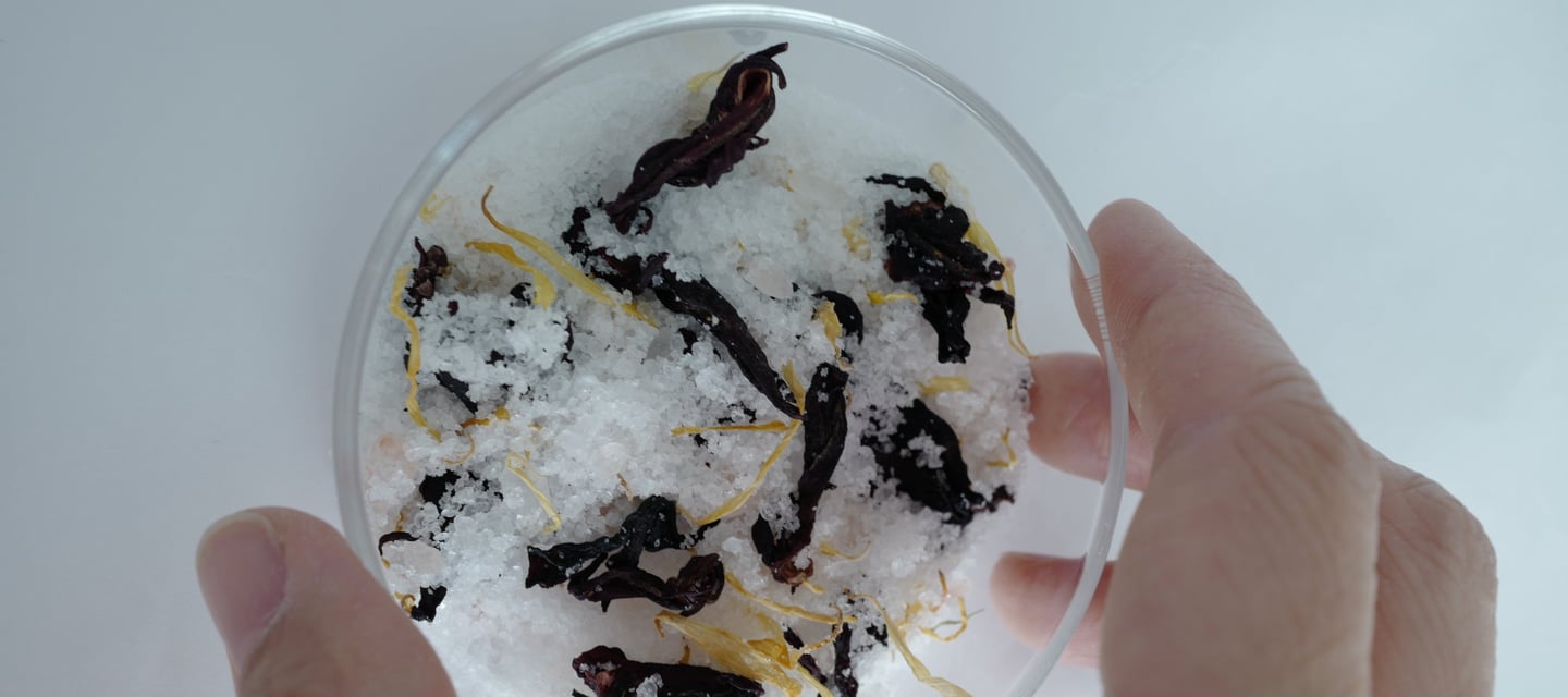 Bath salt ingredients - flowers, salt and essential oils