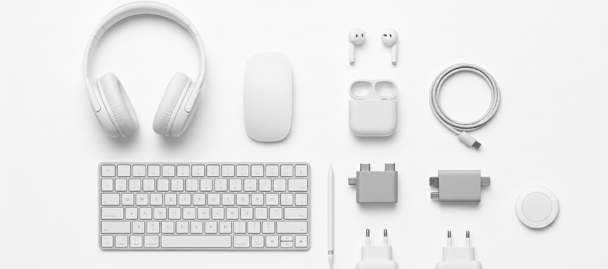 Organisation d’accessoires Apple et PC sur fond blanc : casque audio, souris sans fil, écouteurs, cl