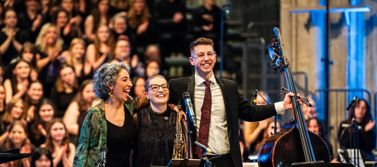 Finishing a performance with Jess Gillam (Saxophone) and Zeynep Özsuca (piano)