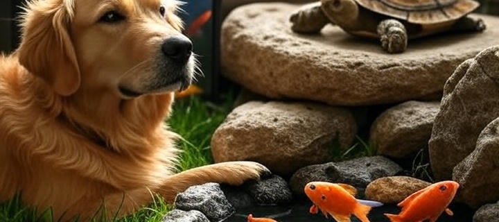 Dog with golden fur and turtle looking to him
