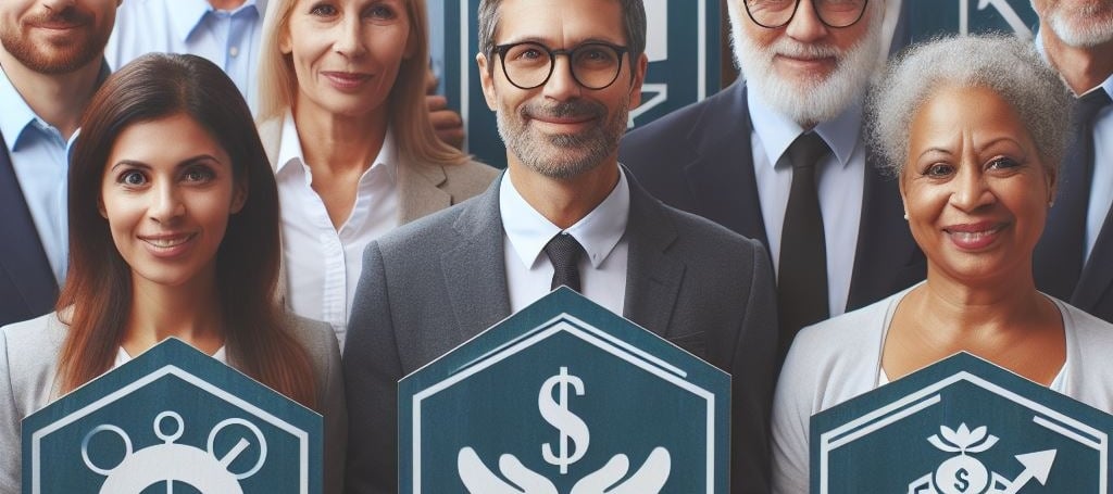 Diverse group of employees holding symbols of financial security and retirement benefits.