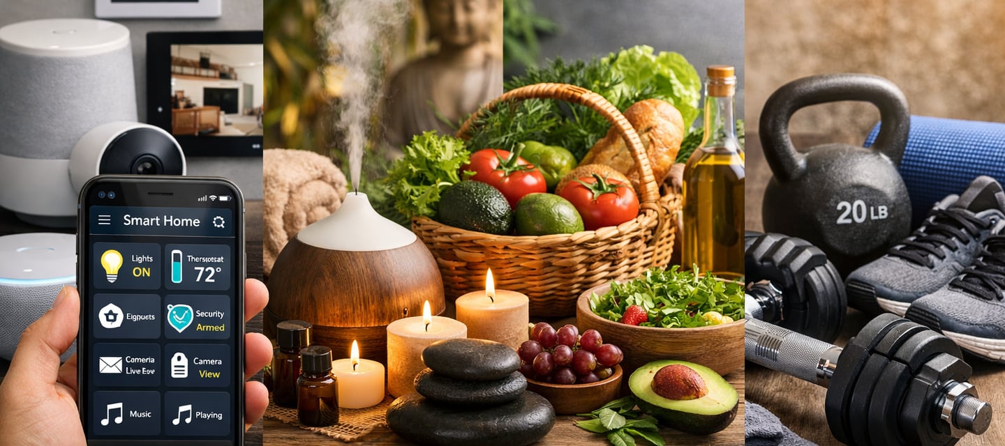 A lifestyle scene showcasing smart home devices, wellness essentials with an aromatherapy diffuser and candles