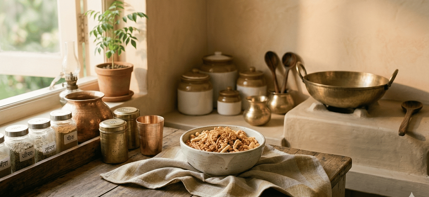 Traditional Indian snack preparation with brass utensils and spices