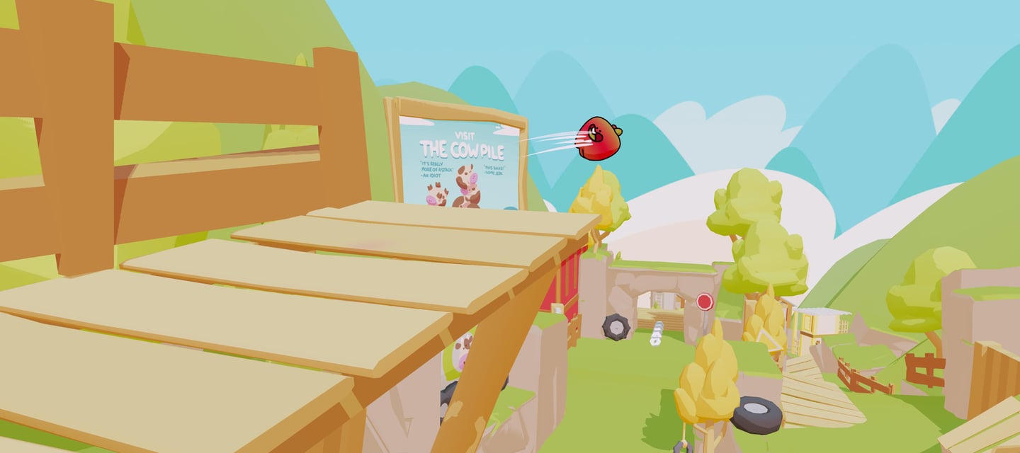 A screenshot from Farm Punks game where an apple is flying off a cliff