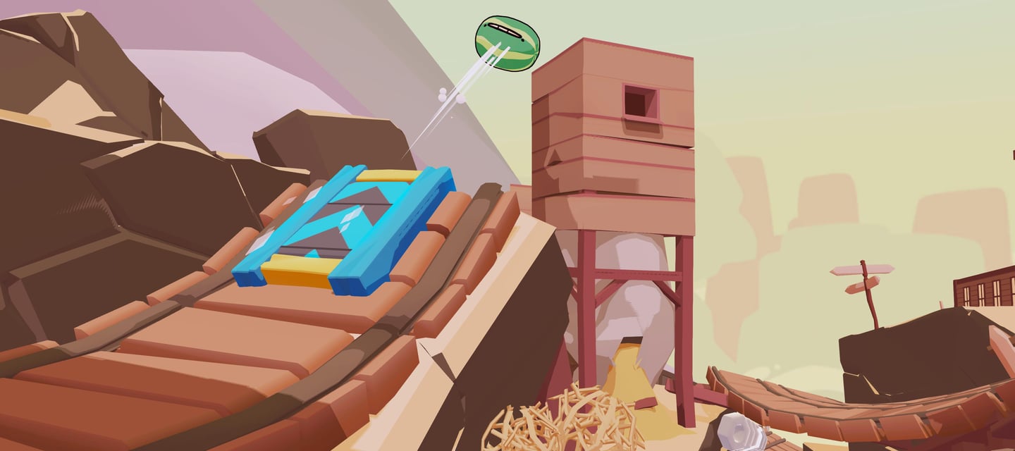 A screenshot from Farm Punks game, where a watermelon is going off a jump