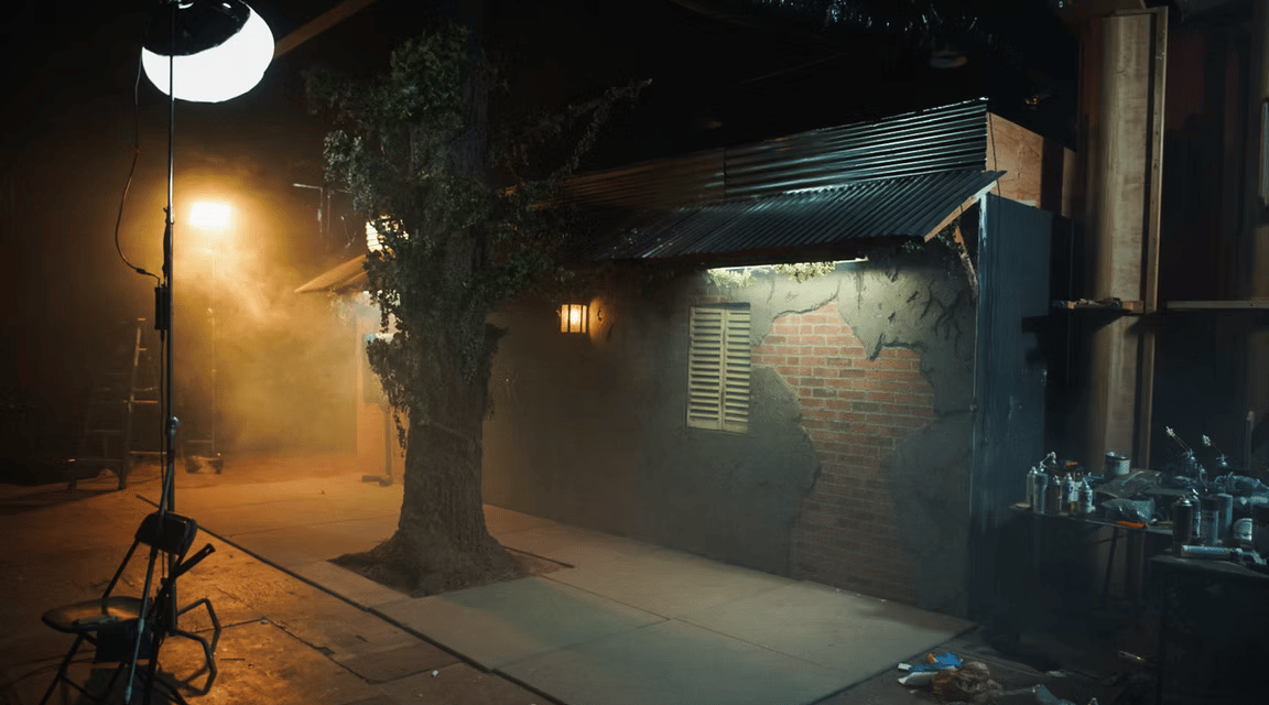 Street-style bar exterior set at Grayfox Studios with realistic façade and sidewalk atmosphere