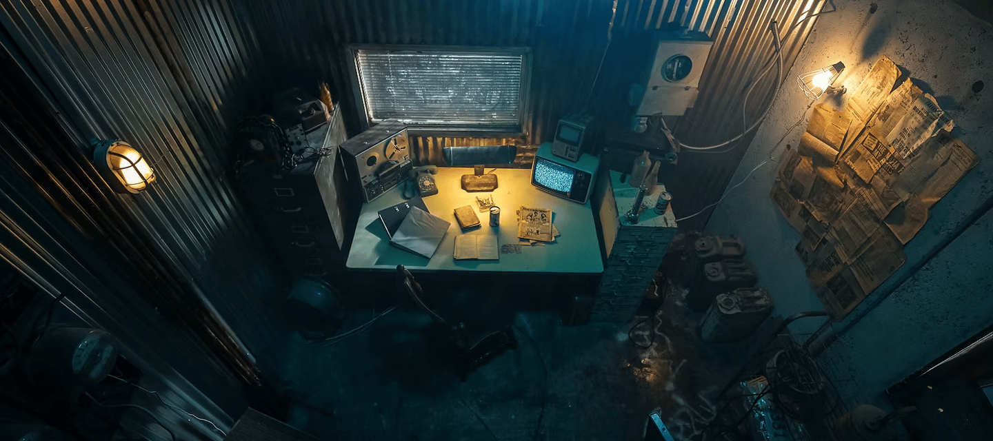 Industrial bunker set at Grayfox Studios featuring dark walls, moody lighting