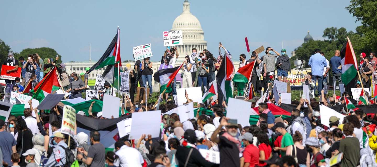 a group of protesters with Palestinian flags and signs stand in front of the Capitol building in D.C