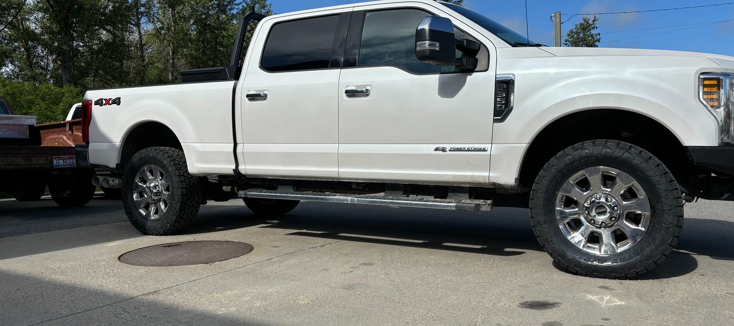 A white Ford F-250 Super Duty 4x4 pickup truck with chrome wheels parked on pavement under a clear blue sky.