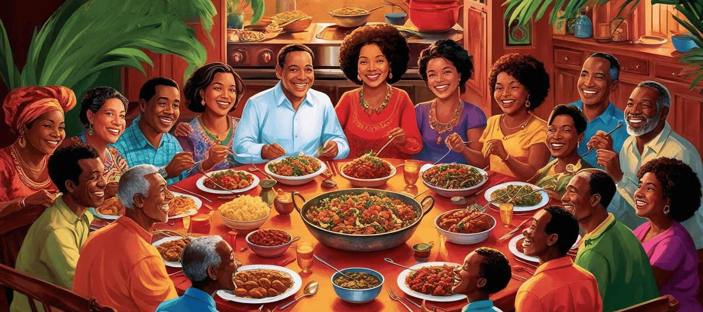 Grande famille afro-créole réunie autour d’un repas traditionnel fait maison, avec des plats variés 