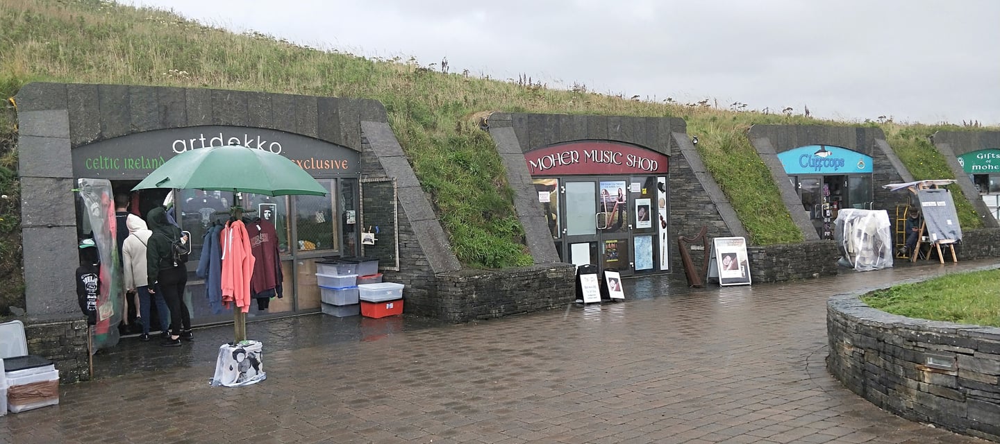 a group of people standing in front of a building at the cliffs of Moher