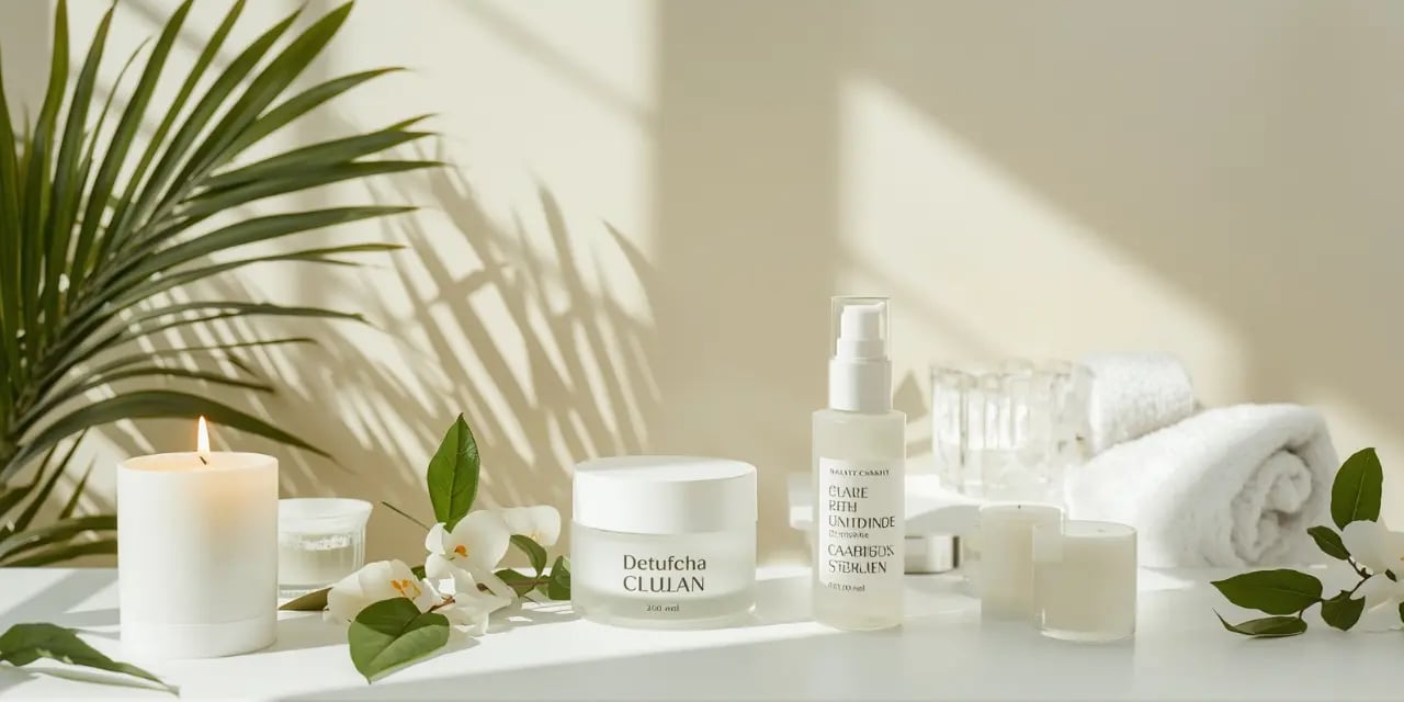 Banner mostrando produtos de beleza e itens de autocuidado em ambiente moderno e iluminado naturalme