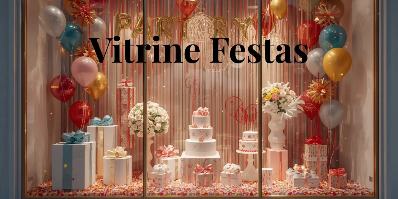 Imagem representando o clima de alegria e criatividade da vitrine de festas, com elementos de decora