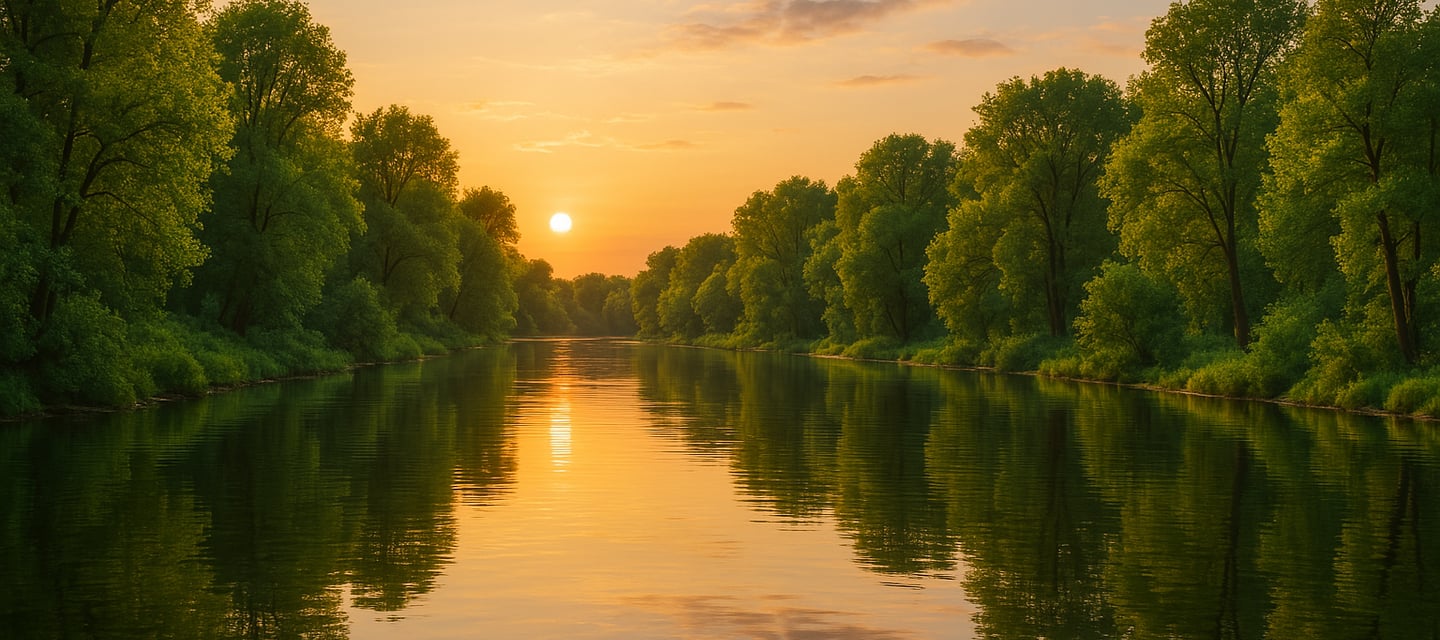 a calm river with green trees in the background on a very nice evening