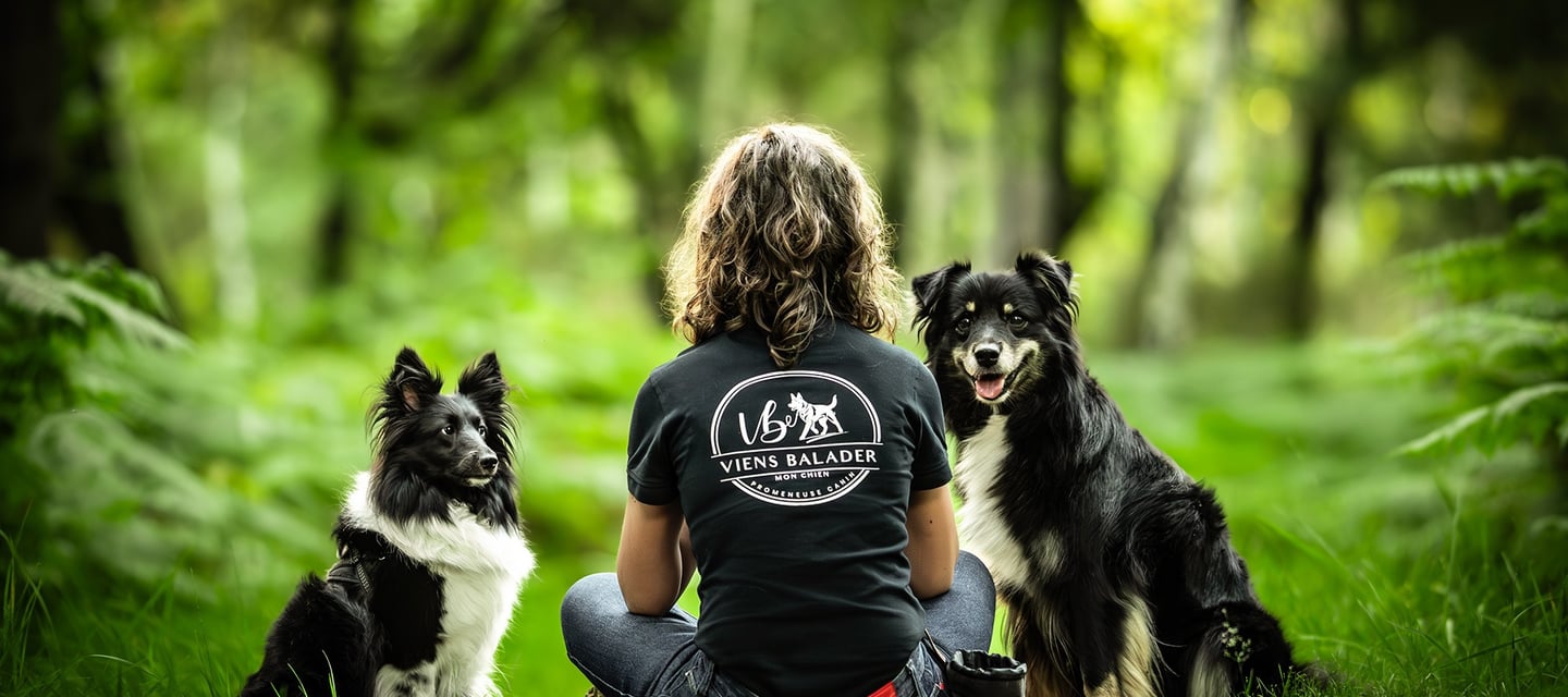 Virginie de Viens Balader mon chien assise avec les chiens en forêt