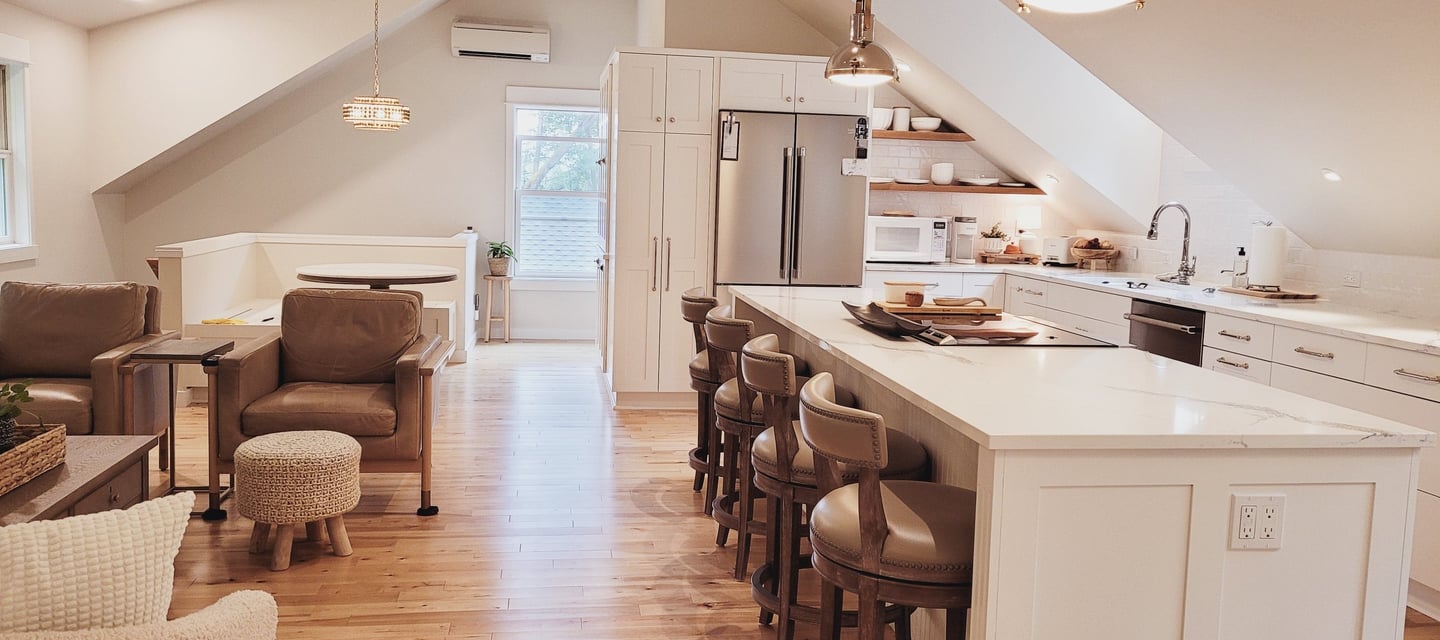 New White Kitchen, white counters, wood floating shelves, ADU renovation