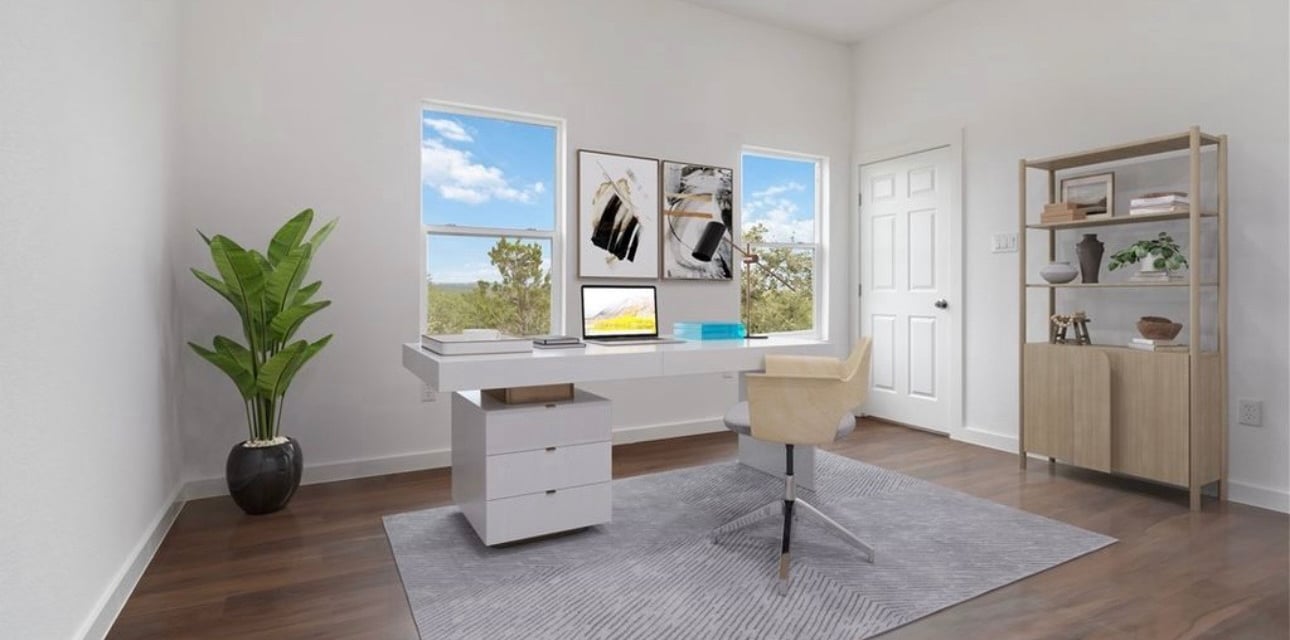 AI-staged home office with panoramic Hill Country views from windows 