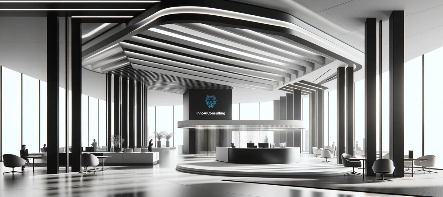 a lobby area with a reception table and chairs