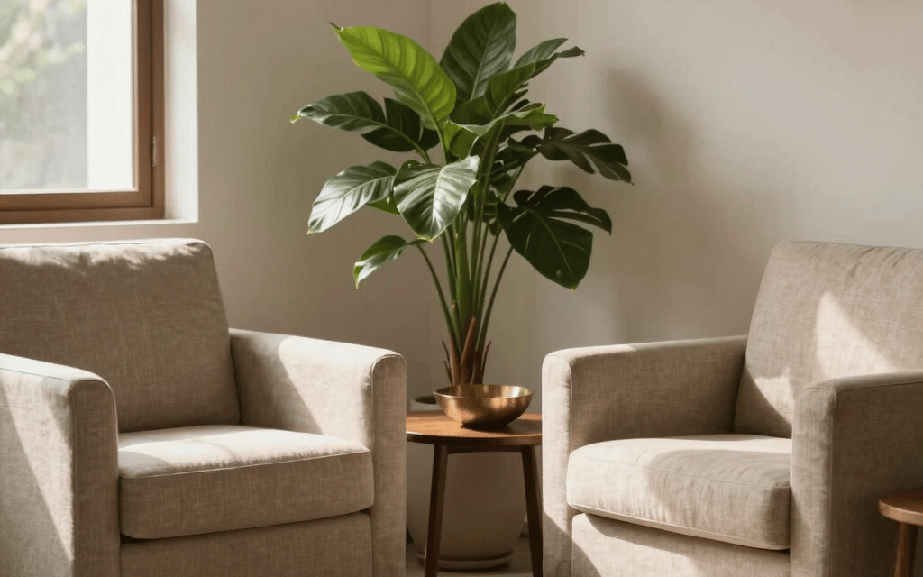 A warm, sunlit modern counseling room in a Global South Asian / Indian setting. Two comfortable armchairs in soft light linen, a green potted plant, a brass decorative bowl on a low wooden table, peaceful and reassuring atmosphere.