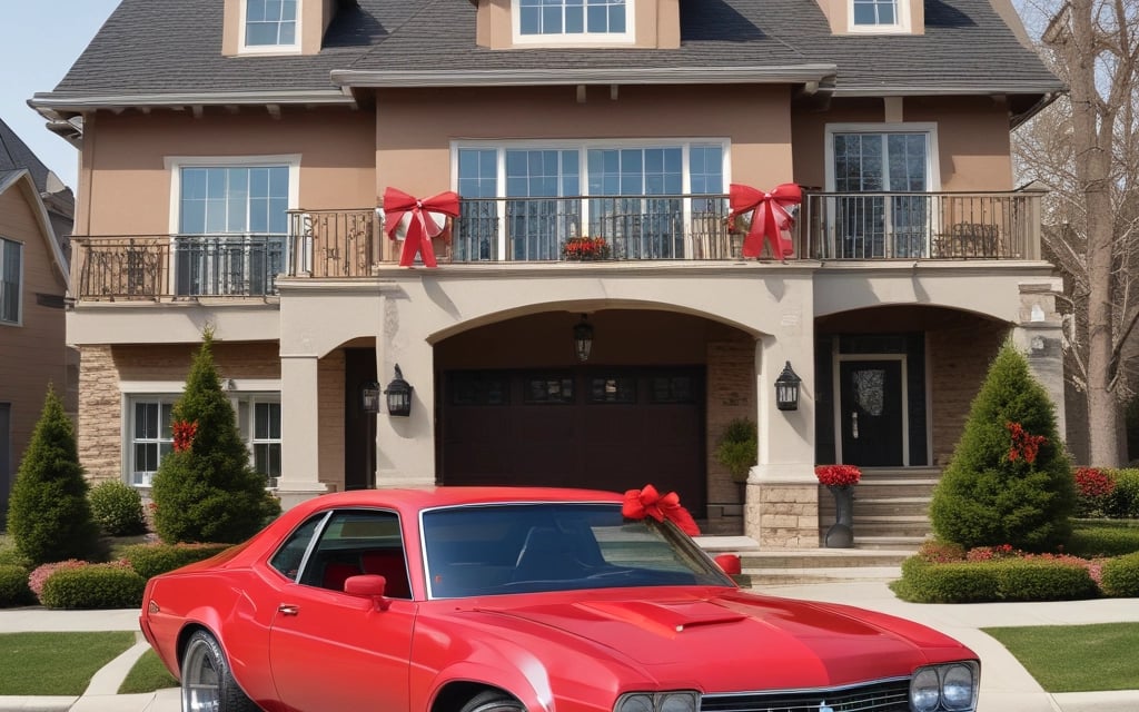 a red car parked in front of a house